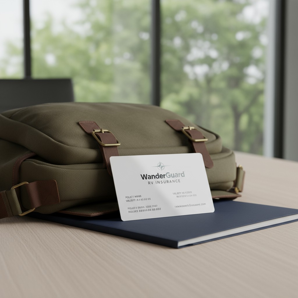 A digital card for WanderGuard RV Insurance featuring the company's logo and website is superimposed over a photo of a bac...