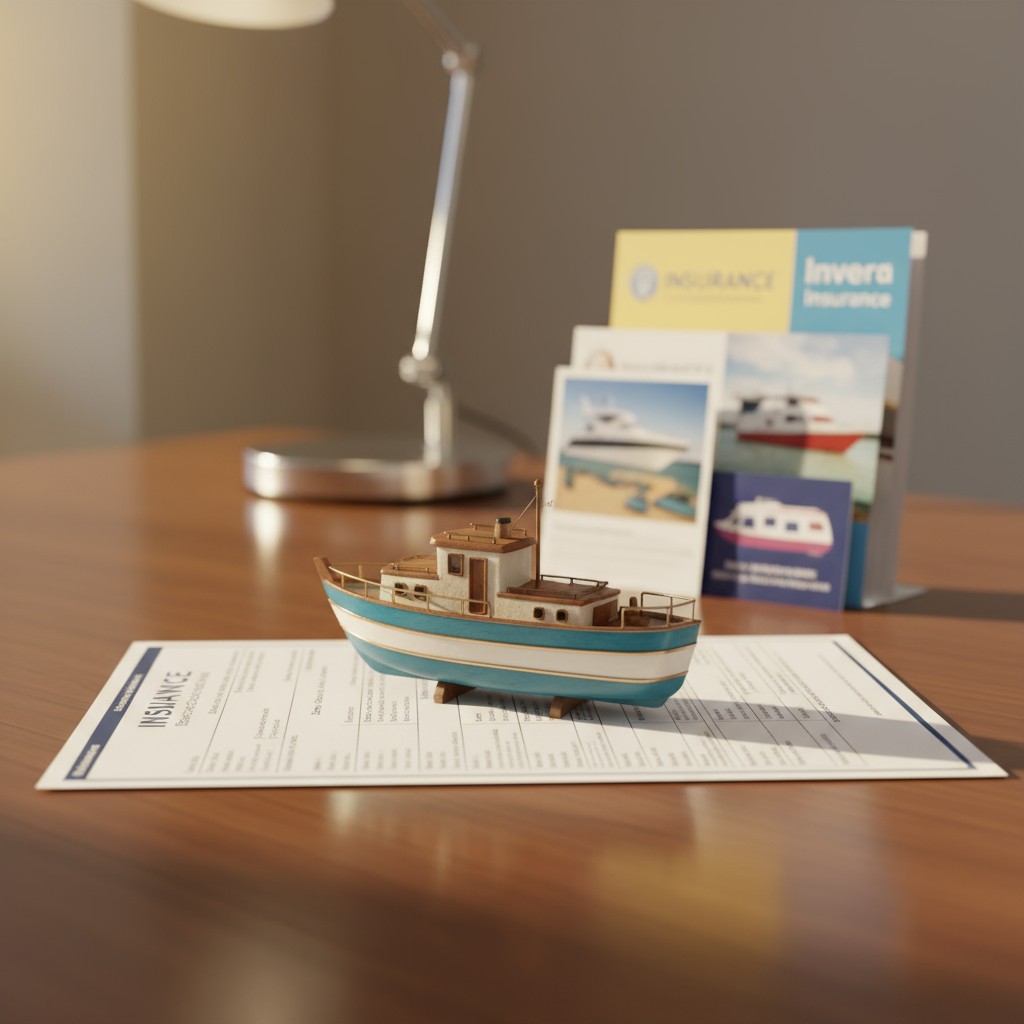 A miniature boat model sits atop an insurance index card, accompanied by a pamphlet in the background, set against a woode...